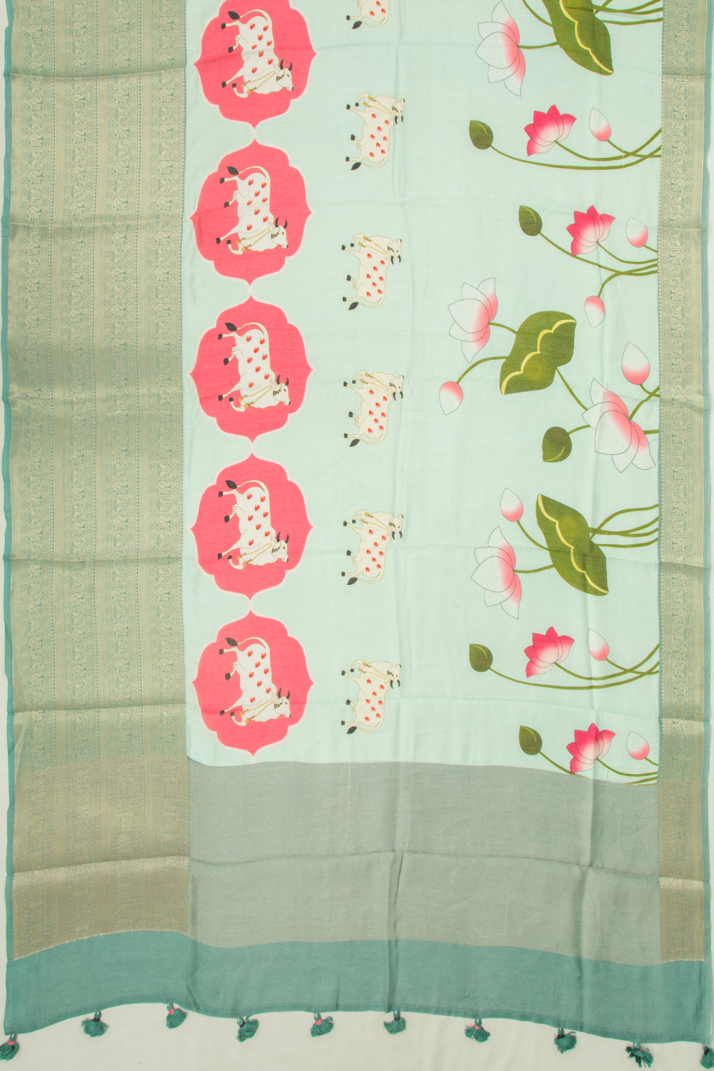 Chanderi Silk Pichwai Printed Pastel Green Saree