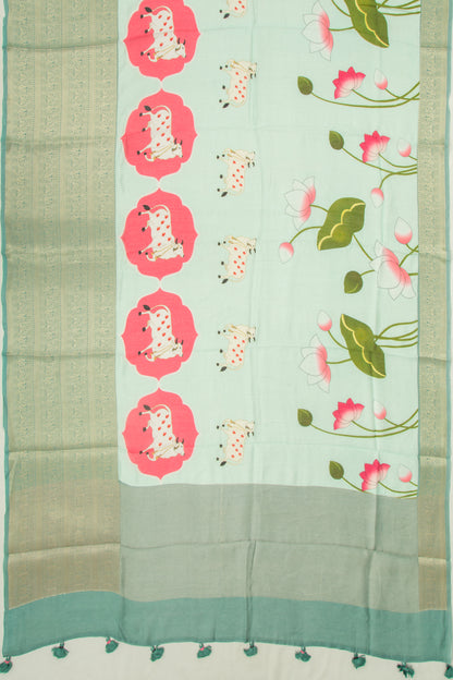 Chanderi Silk Pichwai Printed Pastel Green Saree