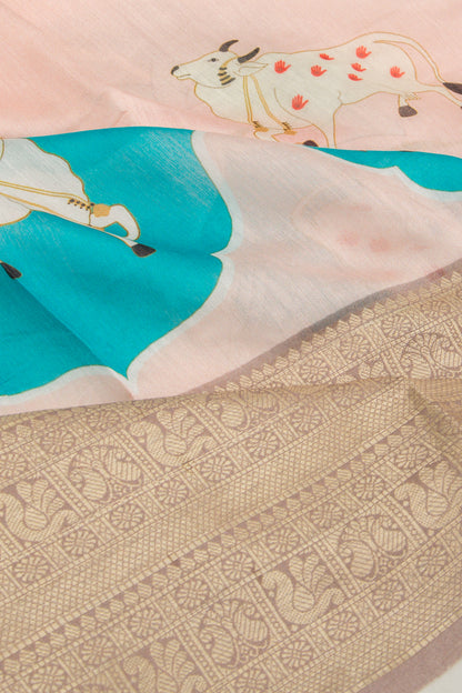 Chanderi Silk Pichwai Printed Pastel Orange Saree