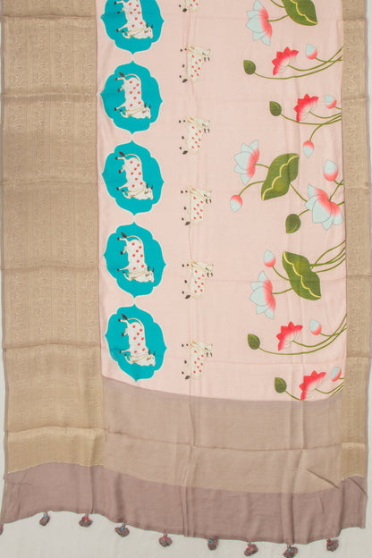 Chanderi Silk Pichwai Printed Pastel Orange Saree