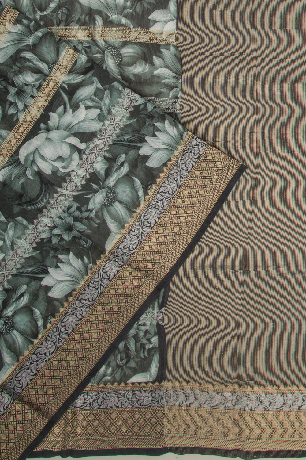 Chanderi Silk Printed and Brocade Dark Green Saree
