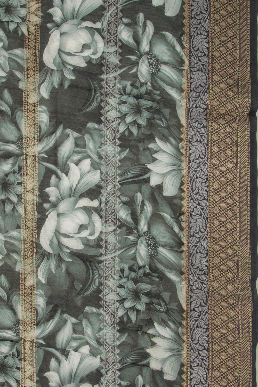 Chanderi Silk Printed and Brocade Dark Green Saree