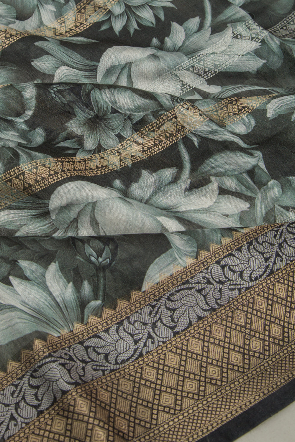 Chanderi Silk Printed and Brocade Dark Green Saree