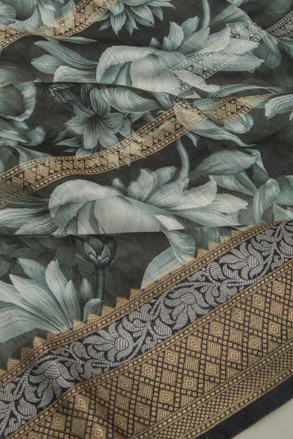 Chanderi Silk Printed and Brocade Dark Green Saree