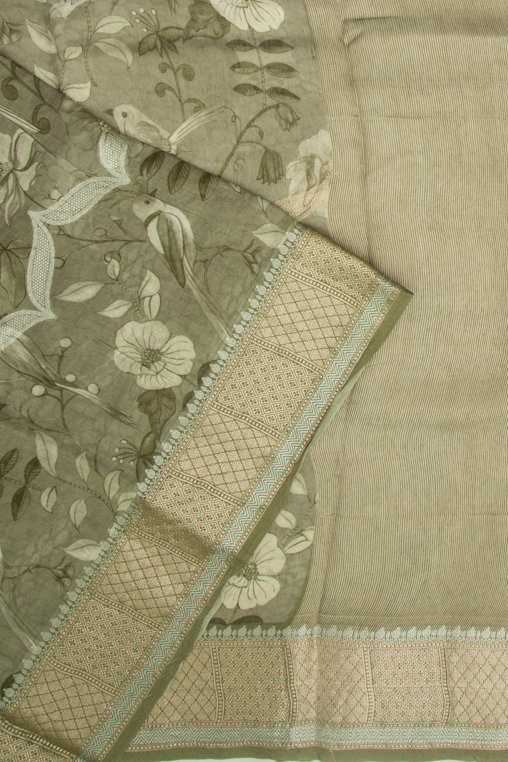 Chanderi Silk Floral Printed and Brocade Mehendi Green Saree