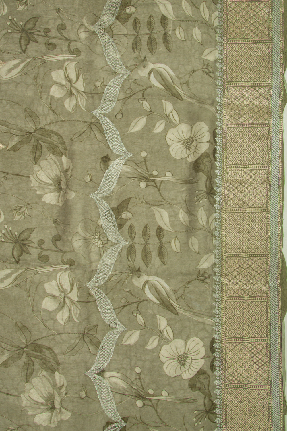 Chanderi Silk Floral Printed and Brocade Mehendi Green Saree