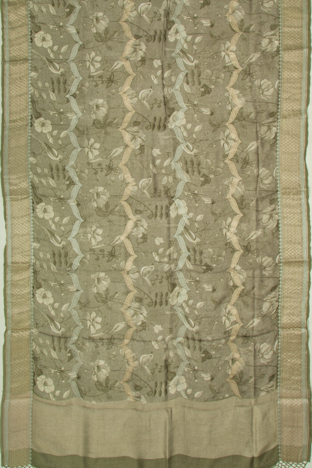 Chanderi Silk Floral Printed and Brocade Mehendi Green Saree