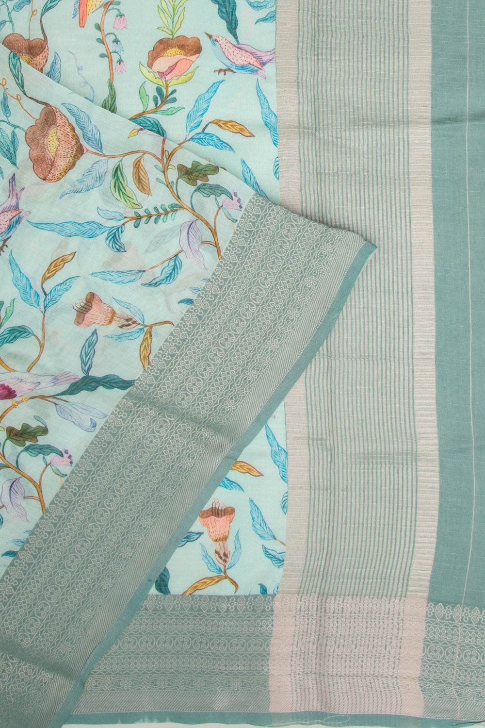 Chanderi Silk Floral Printed And Lines Pastel Blue Saree