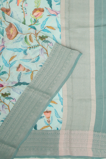 Chanderi Silk Floral Printed And Lines Pastel Blue Saree