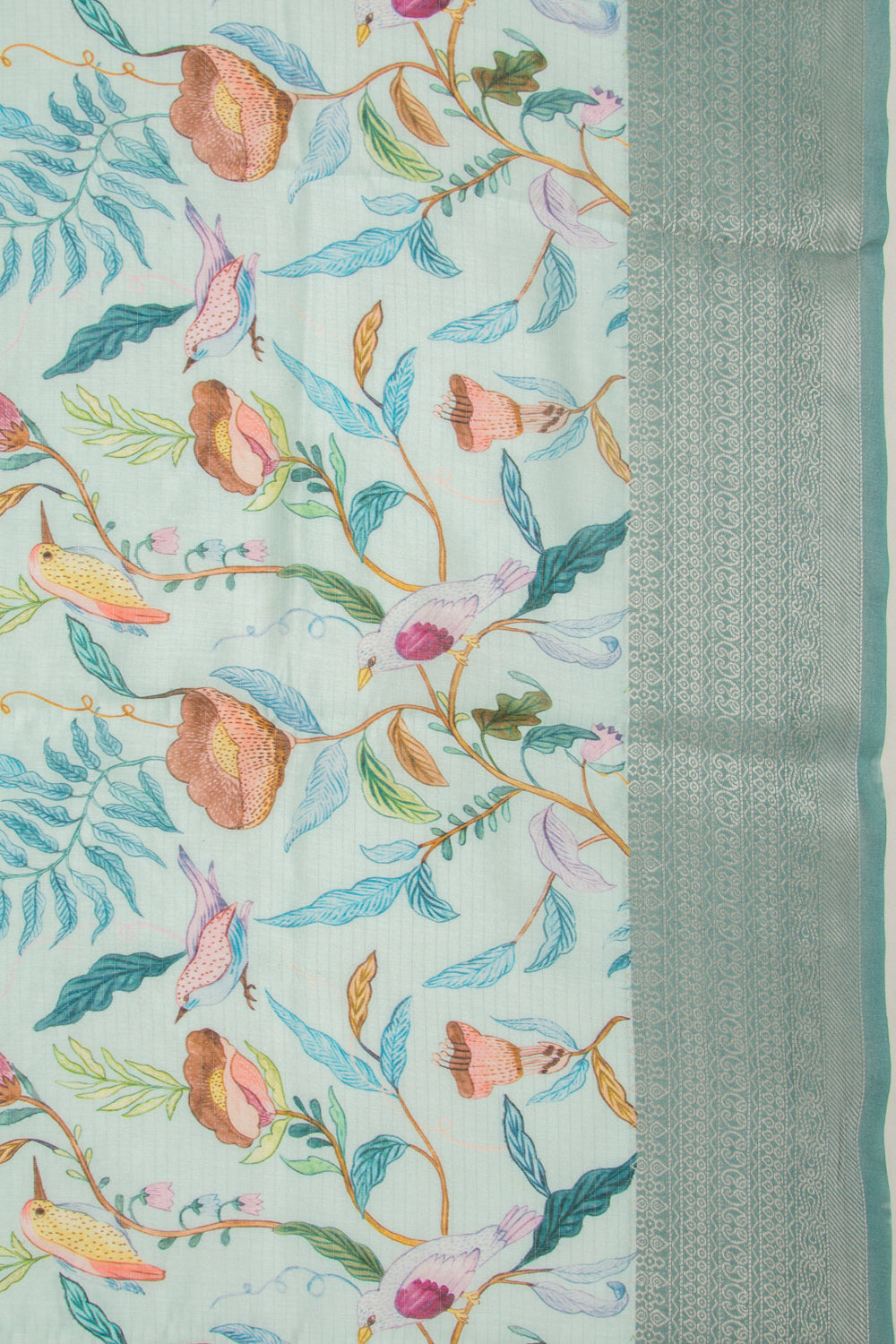 Chanderi Silk Floral Printed And Lines Pastel Blue Saree