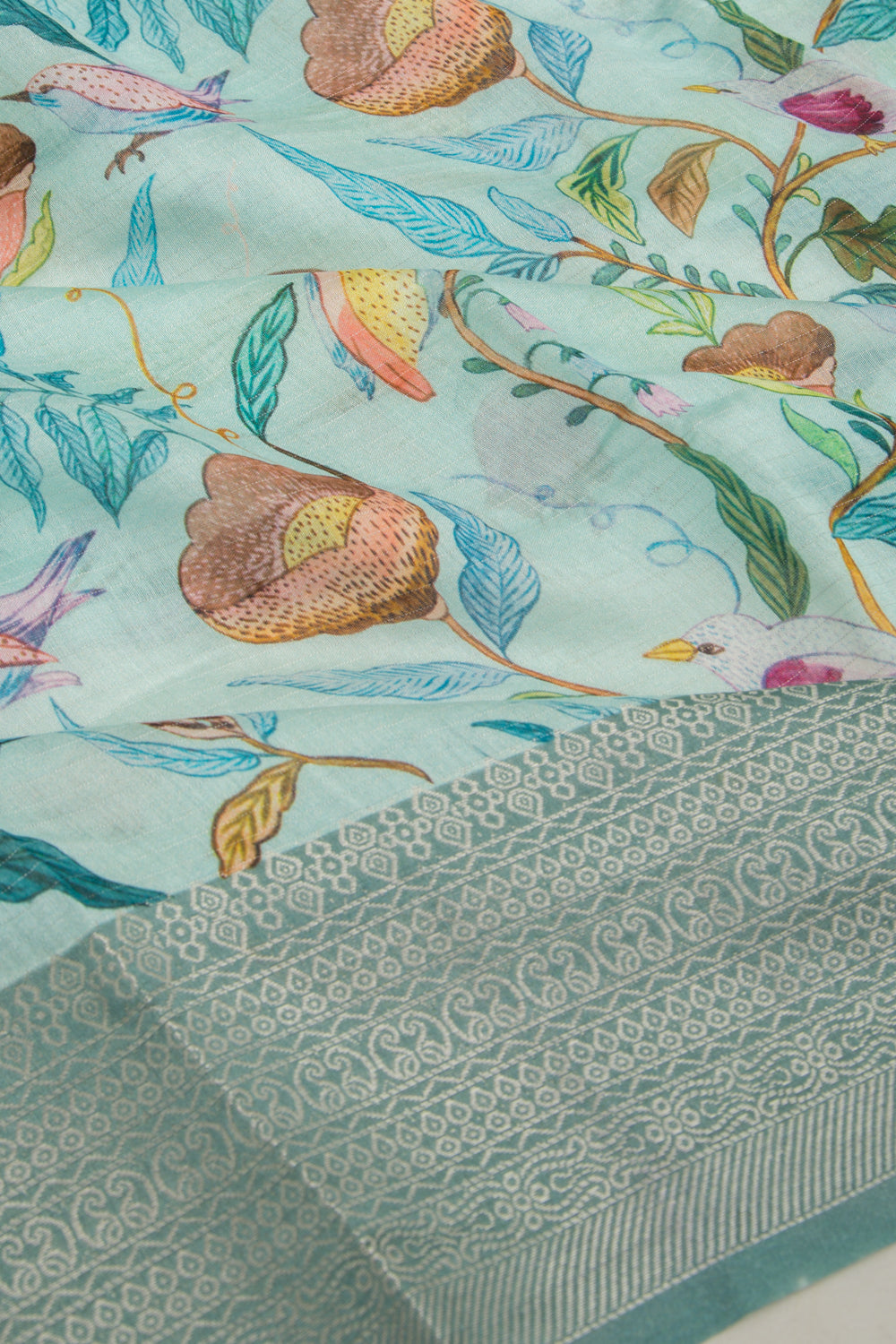 Chanderi Silk Floral Printed And Lines Pastel Blue Saree