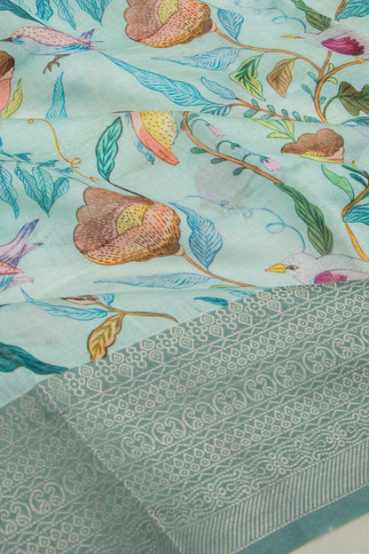 Chanderi Silk Floral Printed And Lines Pastel Blue Saree