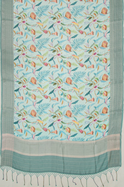 Chanderi Silk Floral Printed And Lines Pastel Blue Saree