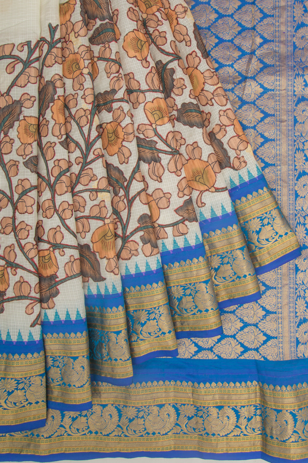 Kota Soft Silk Kalamkari Patch White Saree With Gadwal Border