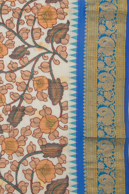 Kota Soft Silk Kalamkari Patch White Saree With Gadwal Border