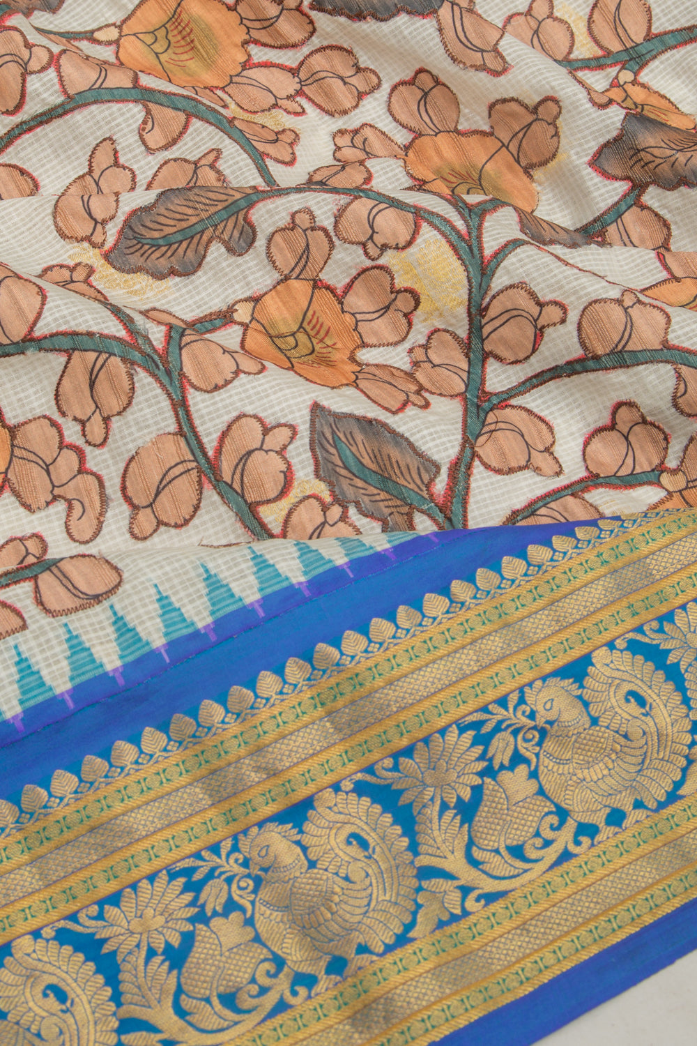 Kota Soft Silk Kalamkari Patch White Saree With Gadwal Border