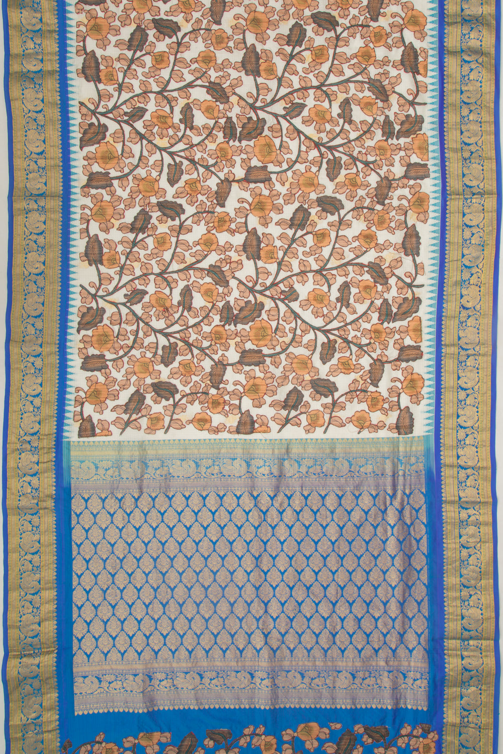 Kota Soft Silk Kalamkari Patch White Saree With Gadwal Border