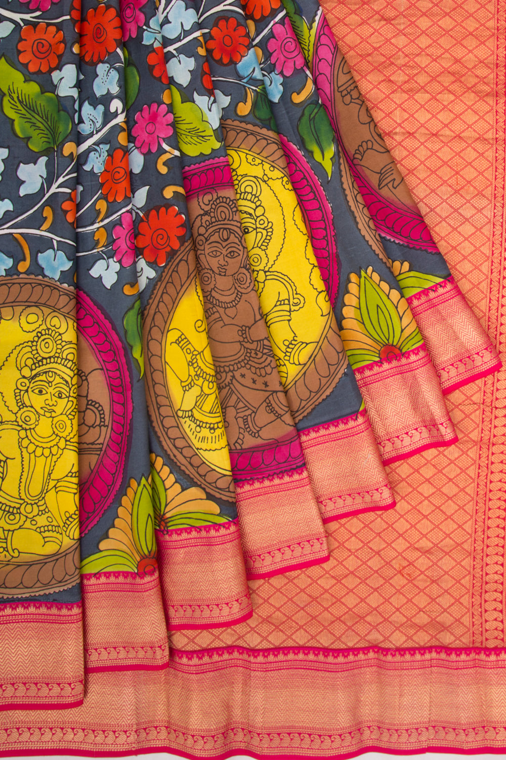 Kanchipuram Silk Kalamkari Elephant Grey Saree