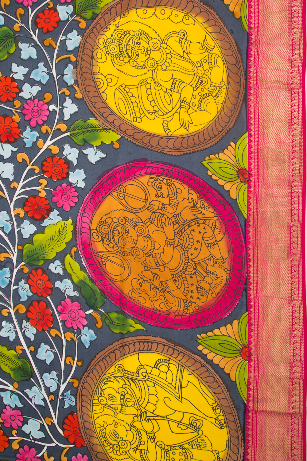 Kanchipuram Silk Kalamkari Elephant Grey Saree