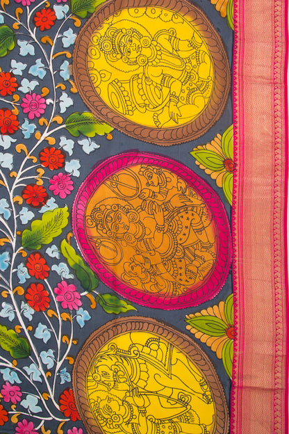 Kanchipuram Silk Kalamkari Elephant Grey Saree