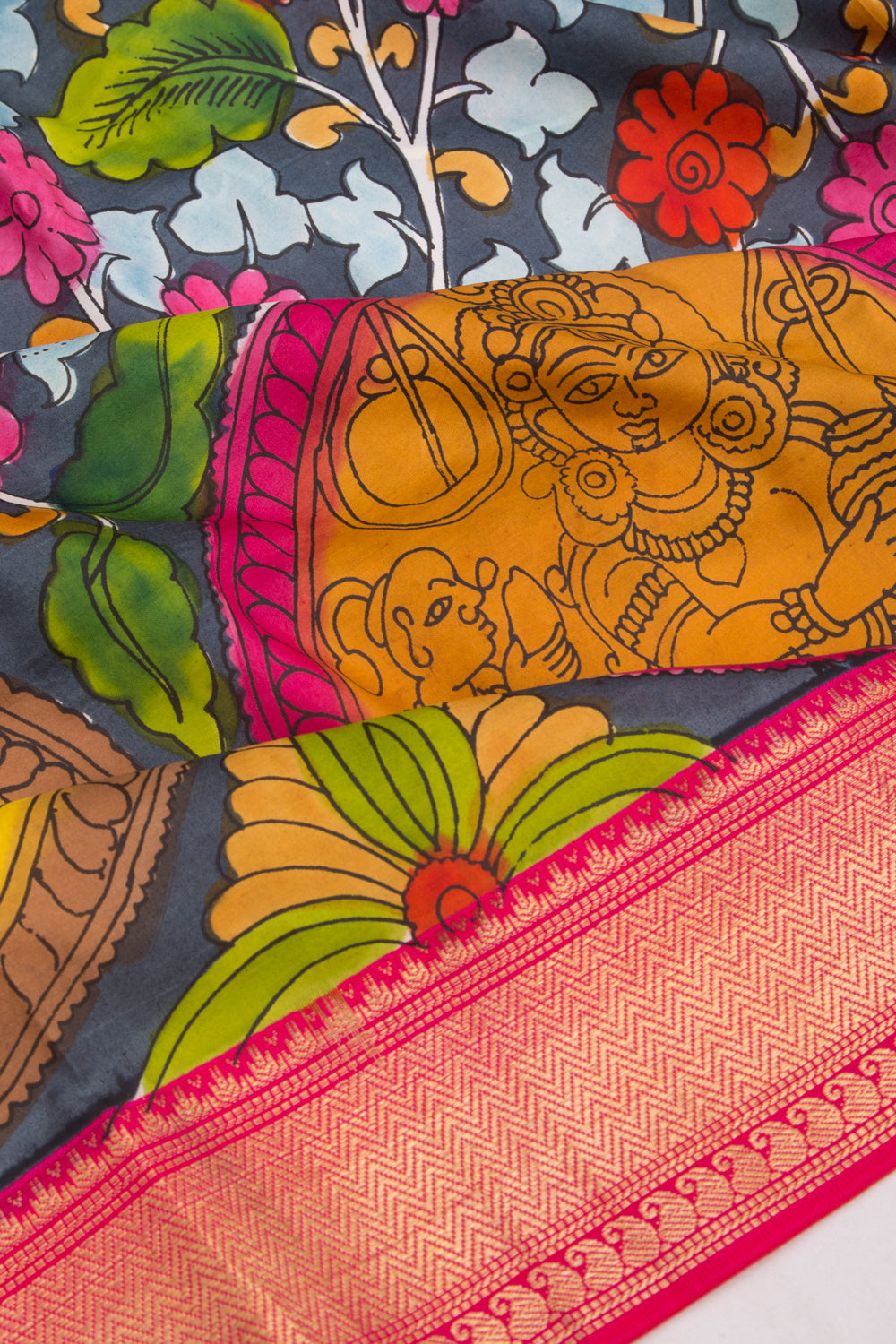 Kanchipuram Silk Kalamkari Elephant Grey Saree