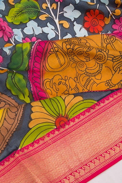 Kanchipuram Silk Kalamkari Elephant Grey Saree