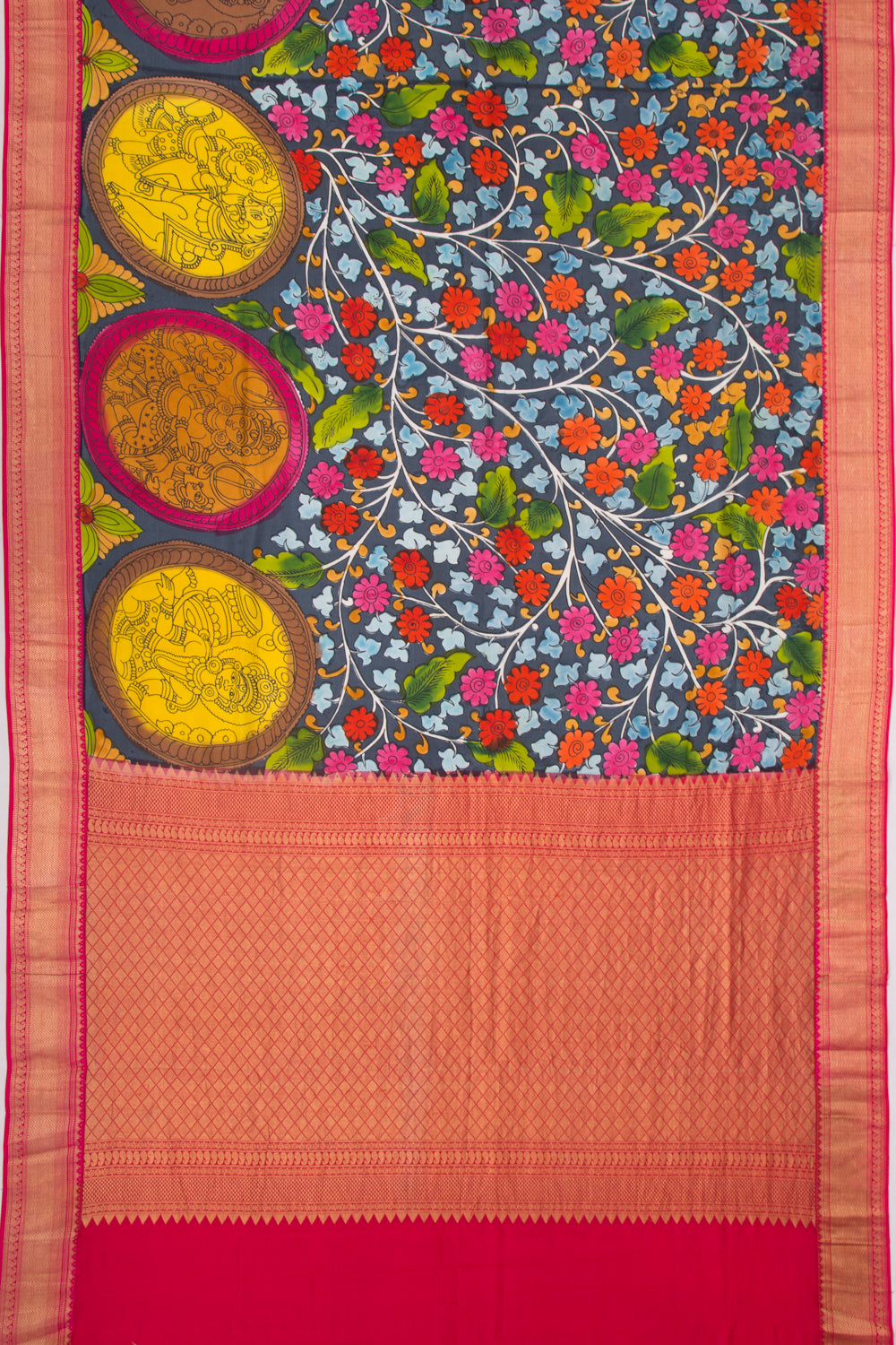 Kanchipuram Silk Kalamkari Elephant Grey Saree