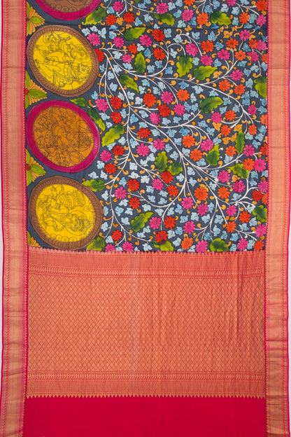 Kanchipuram Silk Kalamkari Elephant Grey Saree