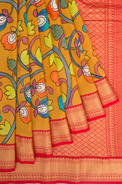 Kanchipuram Silk Kalamkari And Butta Mustard Yellow Saree