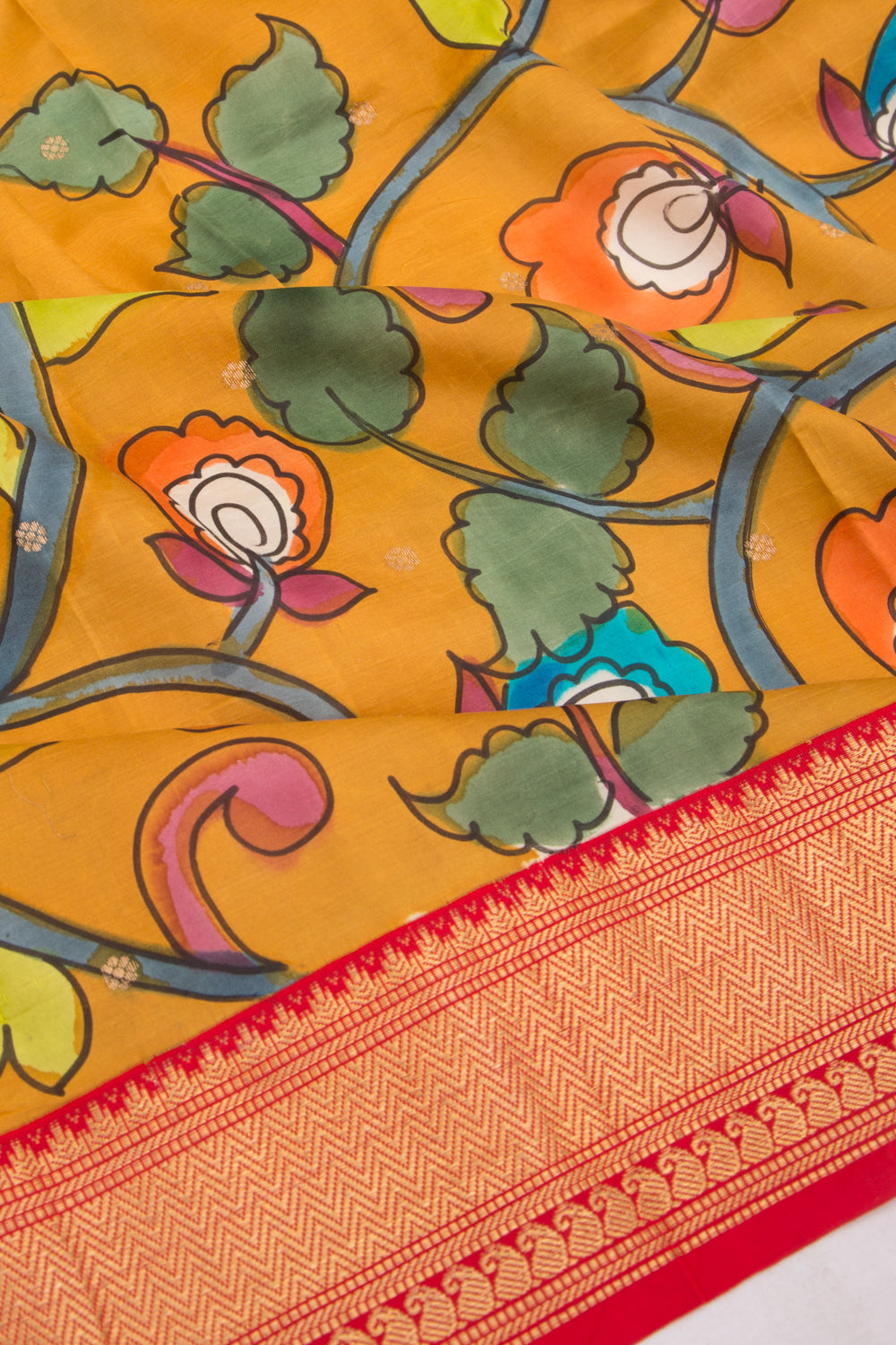 Kanchipuram Silk Kalamkari And Butta Mustard Yellow Saree