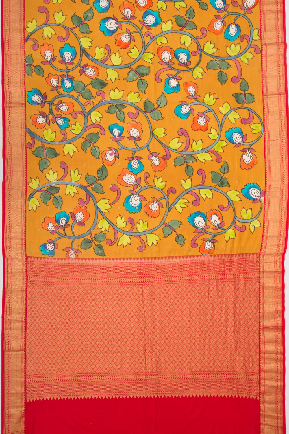 Kanchipuram Silk Kalamkari And Butta Mustard Yellow Saree