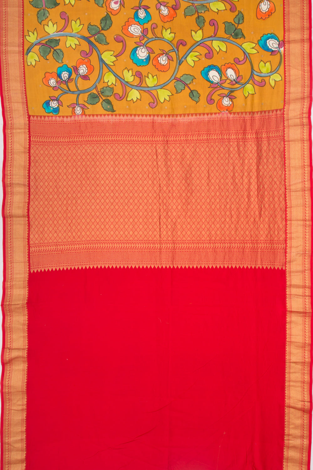 Kanchipuram Silk Kalamkari And Butta Mustard Yellow Saree