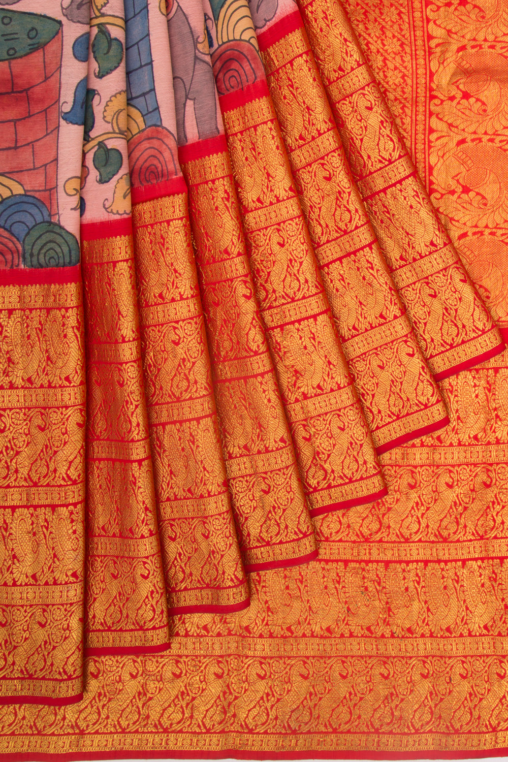 Kanchipuram Silk Kalamkari Baby Pink Saree