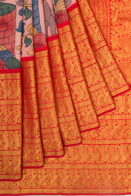 Kanchipuram Silk Kalamkari Baby Pink Saree