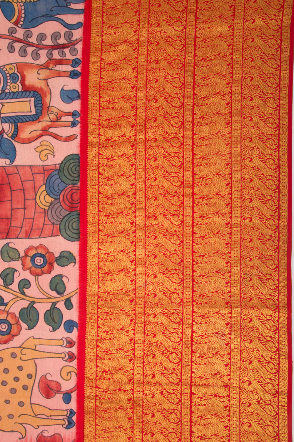 Kanchipuram Silk Kalamkari Baby Pink Saree
