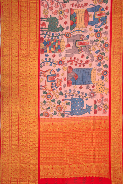 Kanchipuram Silk Kalamkari Baby Pink Saree