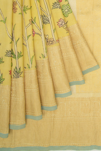 Kanchipuram Silk Kalamkari Pastel Yellow Saree