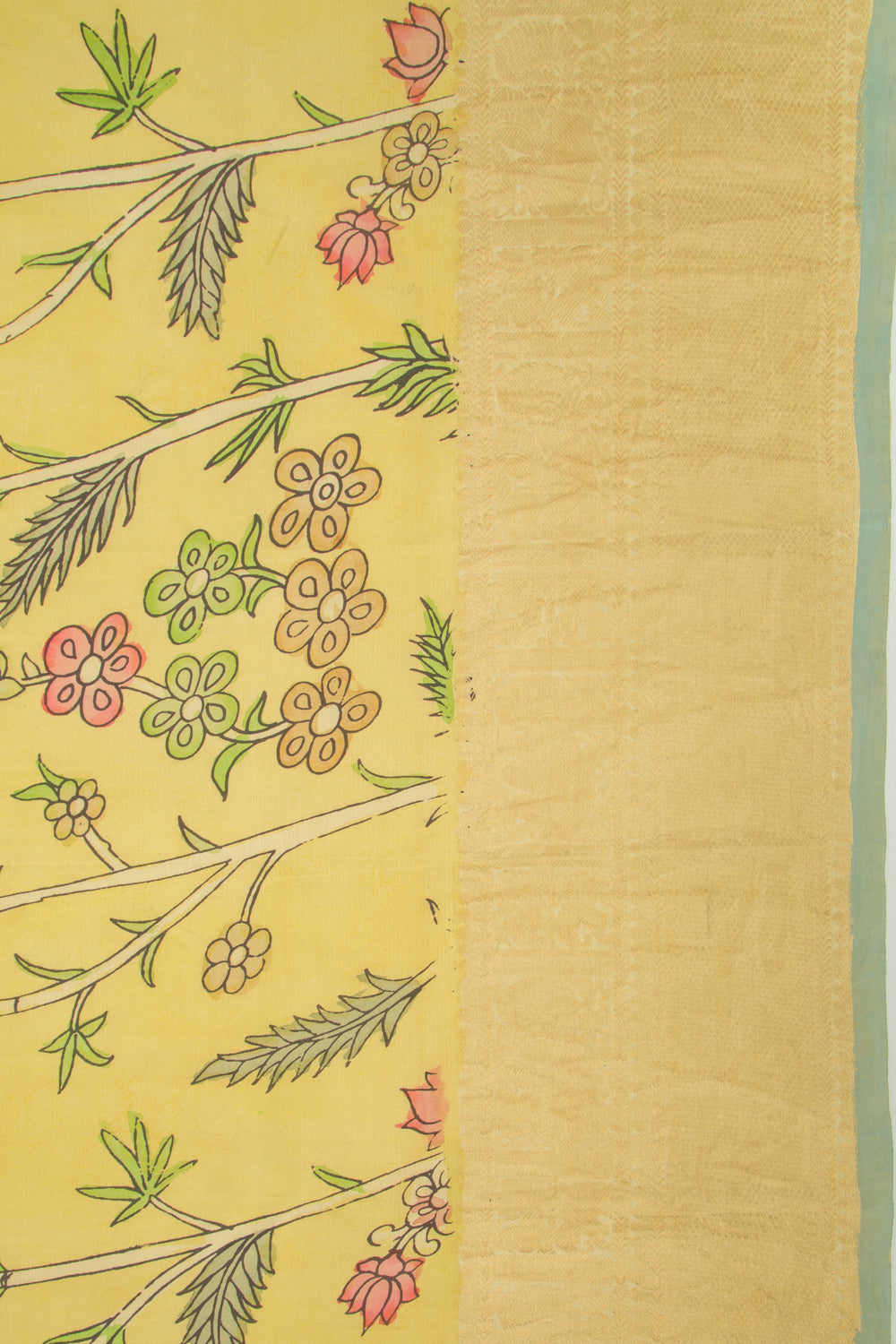 Kanchipuram Silk Kalamkari Pastel Yellow Saree