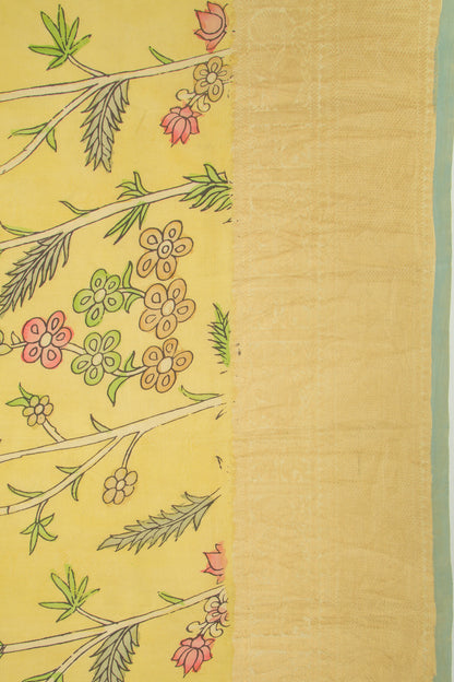 Kanchipuram Silk Kalamkari Pastel Yellow Saree