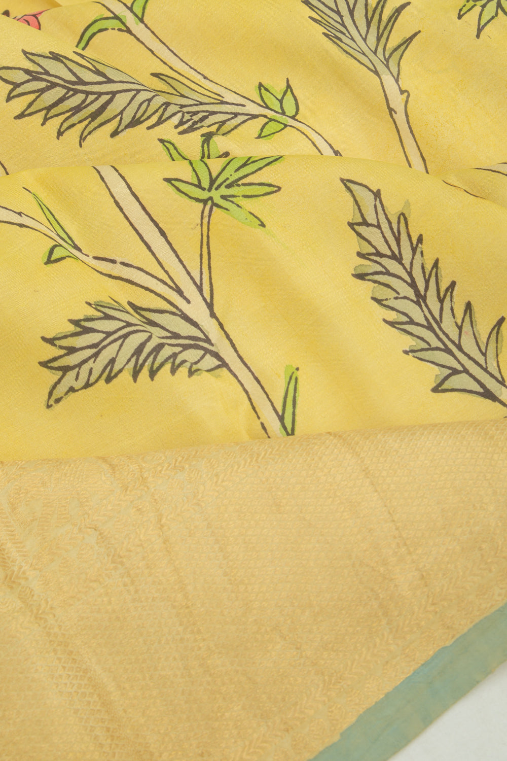 Kanchipuram Silk Kalamkari Pastel Yellow Saree