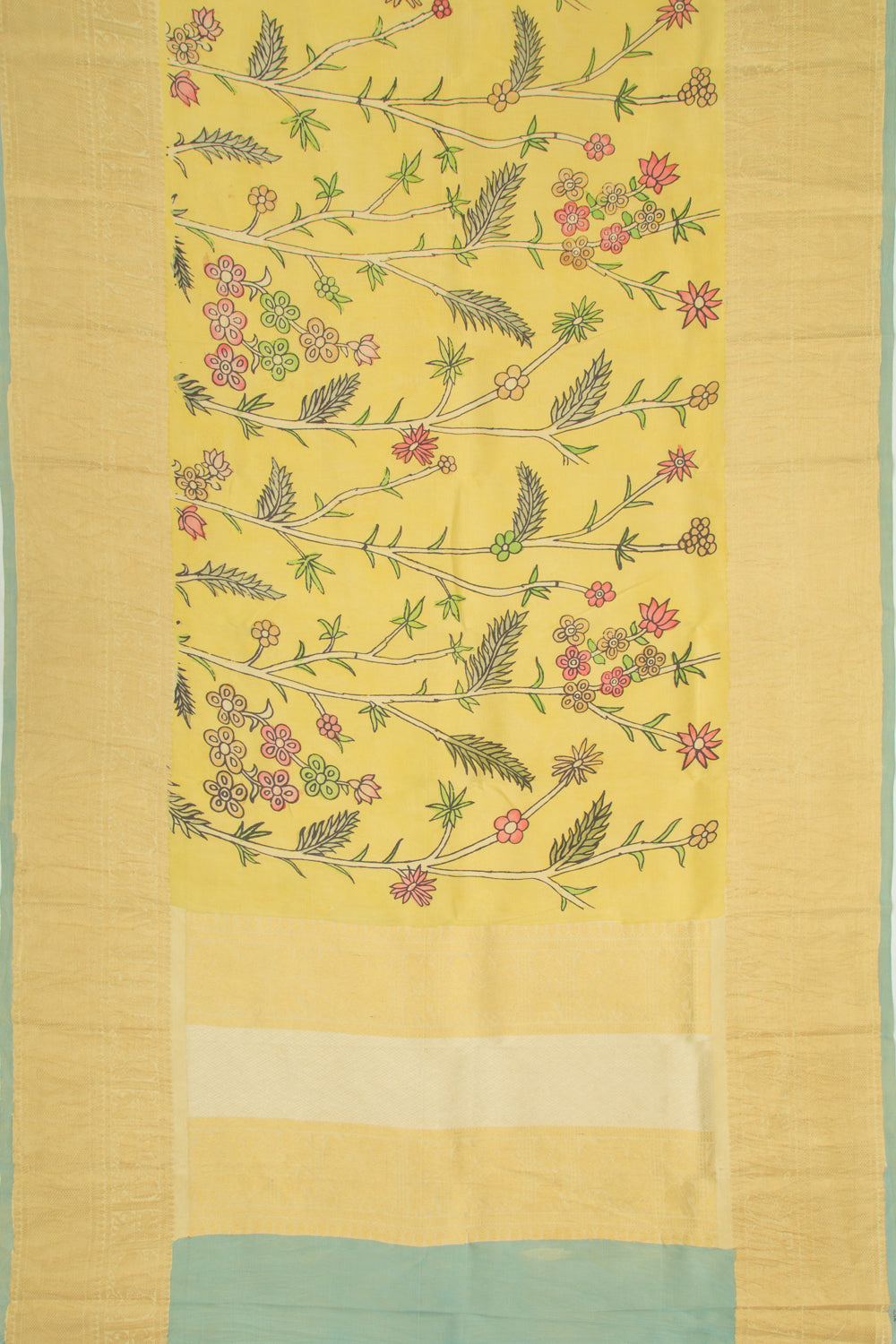 Kanchipuram Silk Kalamkari Pastel Yellow Saree