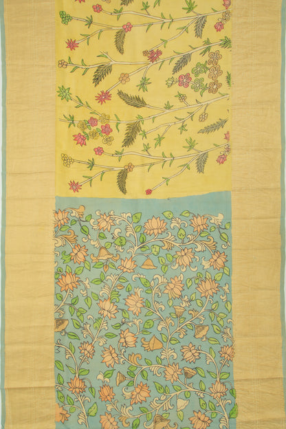 Kanchipuram Silk Kalamkari Pastel Yellow Saree