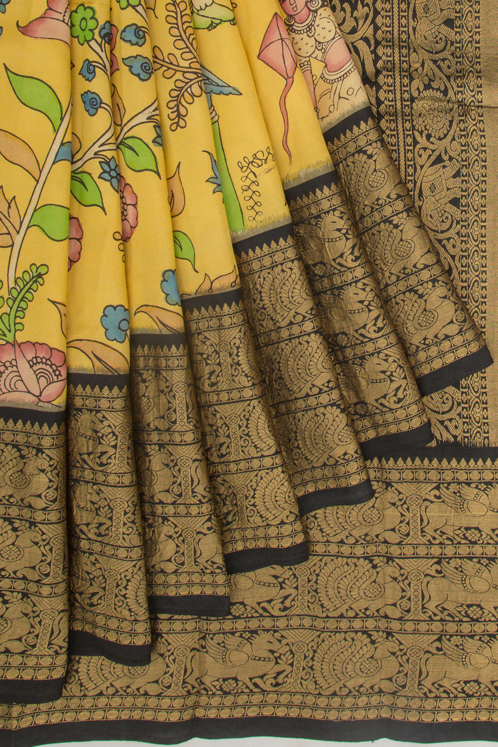 Kanchipuram Silk Kalamkari Yellow Saree
