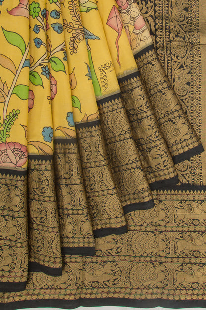 Kanchipuram Silk Kalamkari Yellow Saree