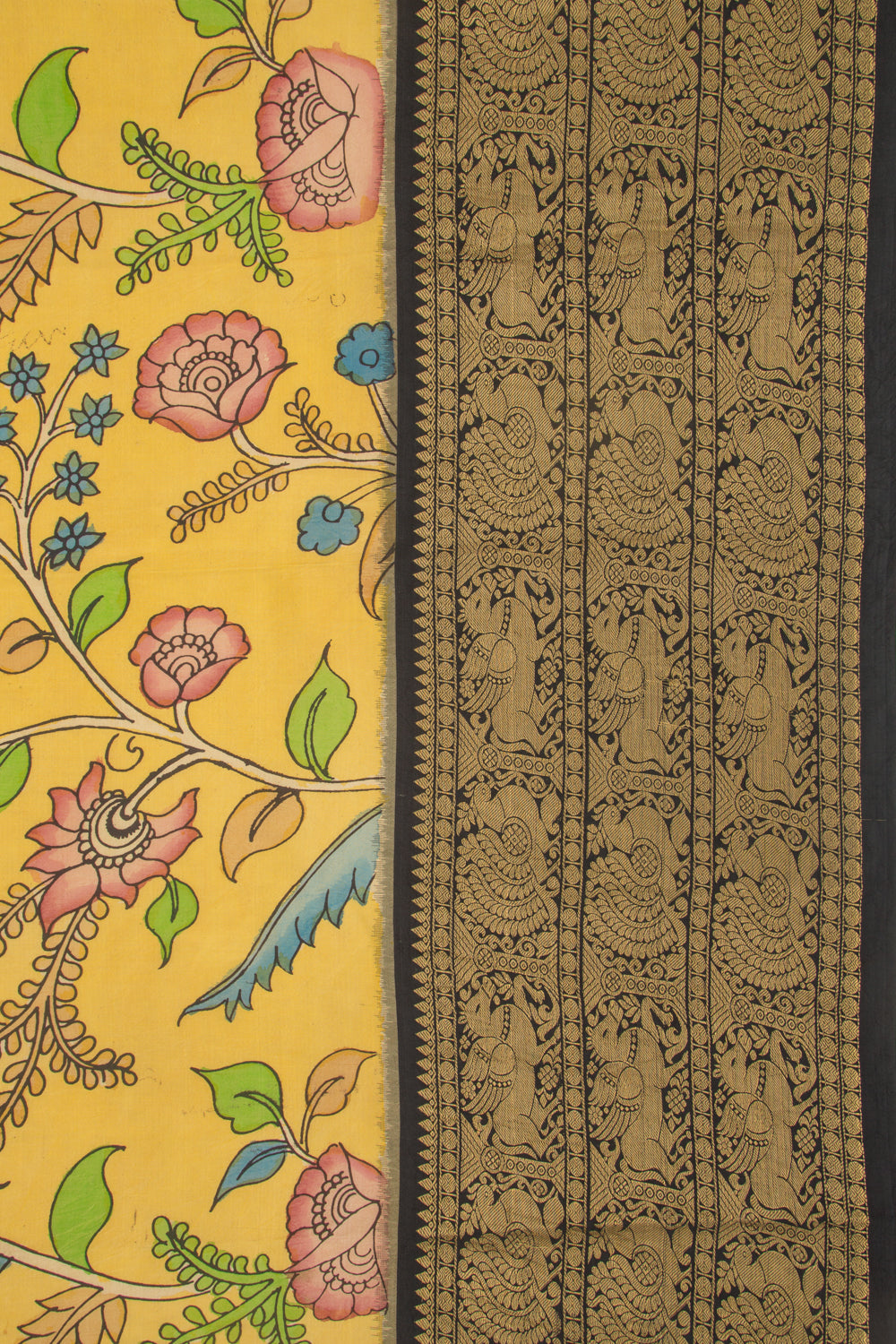 Kanchipuram Silk Kalamkari Yellow Saree
