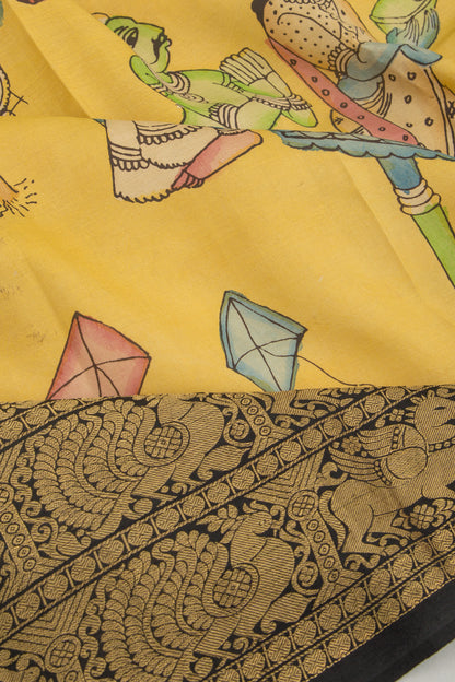 Kanchipuram Silk Kalamkari Yellow Saree