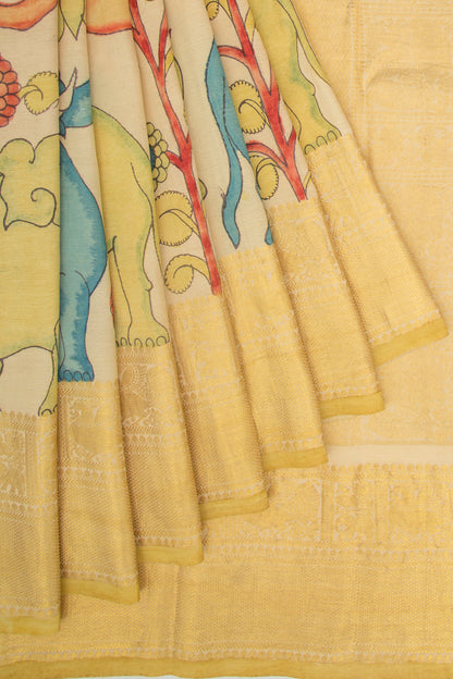 Kanchipuram Silk Kalamkari Cream Saree