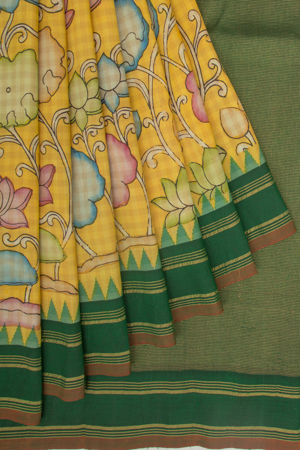 Gadwal Silk Kalamkari And Checks Yellow Saree