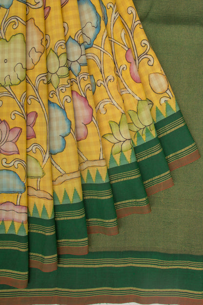 Gadwal Silk Kalamkari And Checks Yellow Saree