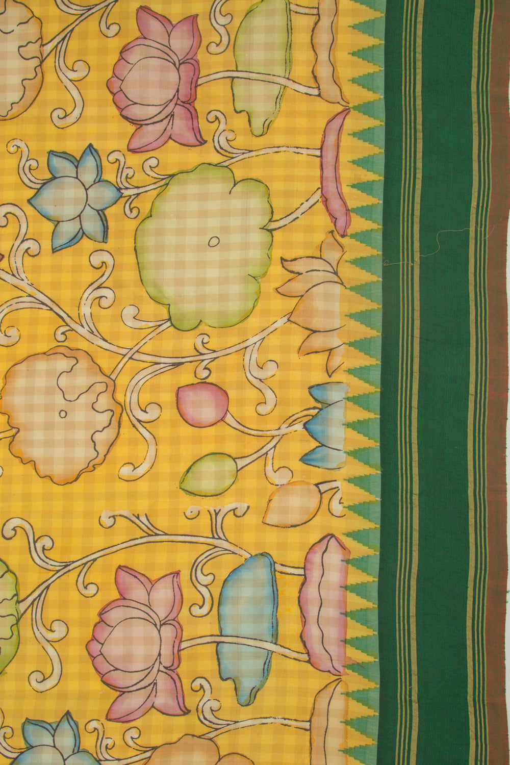Gadwal Silk Kalamkari And Checks Yellow Saree